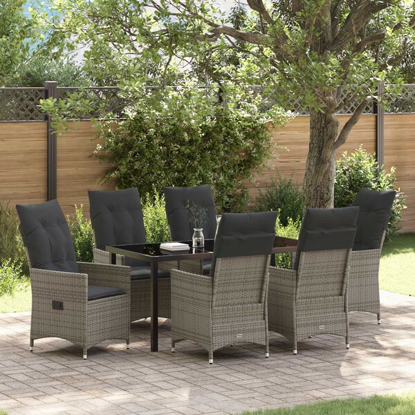vidaXL Garten Essgruppe mit Kissen 7 pcs Grau Poly-Rattan