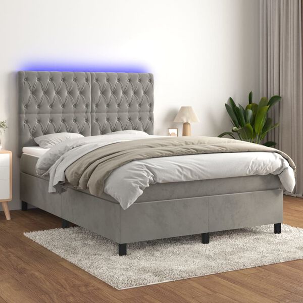 vidaXL Boxspringbett mit Matratze & LED Hellgrau 140x190 cm Samt