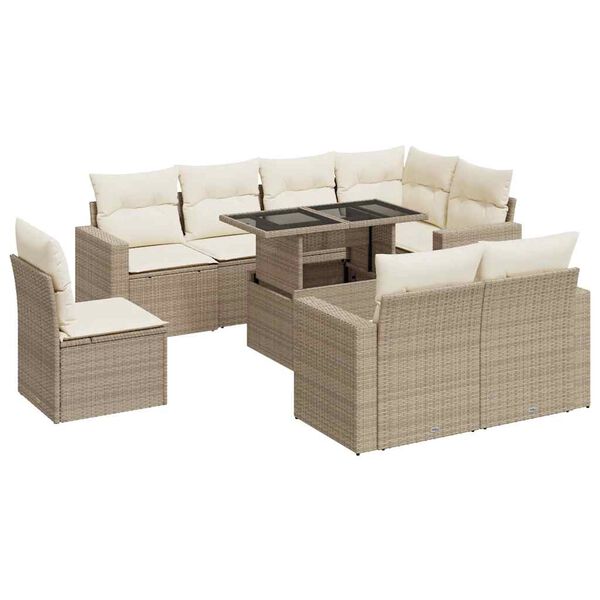 vidaXL 9-tlg. Garten-Sofagarnitur mit Kissen Beige Poly Rattan