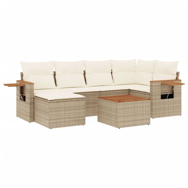 vidaXL 7-tlg. Garten-Sofagarnitur mit Kissen Beige Poly Rattan