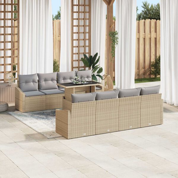 vidaXL Garten-Sofa-Set mit Kissen mit Speicher 9 pcs Beige Poly-Rattan