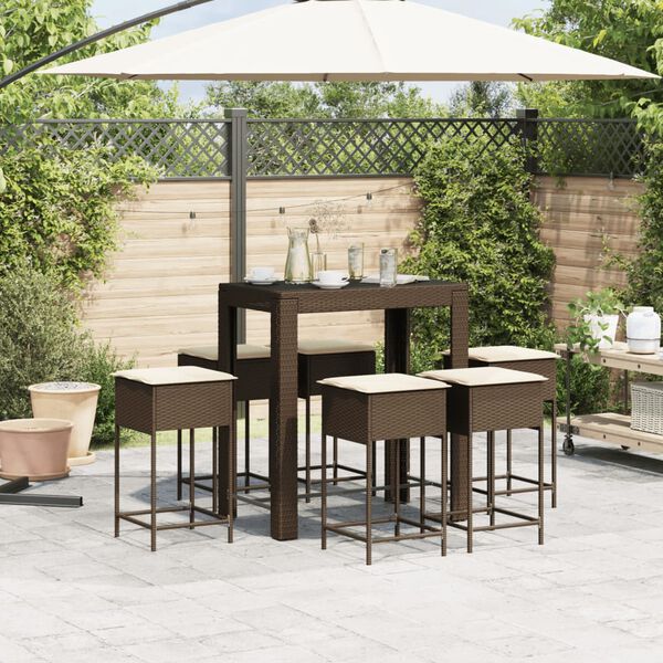 vidaXL 7-tlg. Gartenbar-Set mit Kissen Braun Poly Rattan