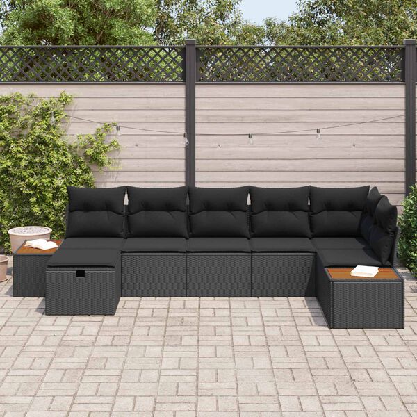 vidaXL Garten-Sofa-Set mit Kissen 7 pcs Schwarz Poly Rattan