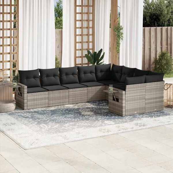 vidaXL 9-tlg. Garten-Sofagarnitur mit Kissen Hellgrau Poly Rattan