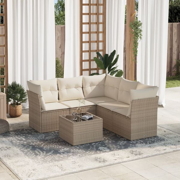 vidaXL 6-tlg. Garten-Sofagarnitur mit Kissen Beige Poly Rattan