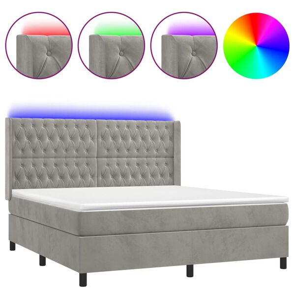 vidaXL Boxspringbett mit Matratze & LED Hellgrau 180x200 cm Samt