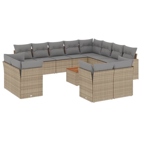 vidaXL 13-tlg. Garten-Sofagarnitur mit Kissen Beige Poly Rattan