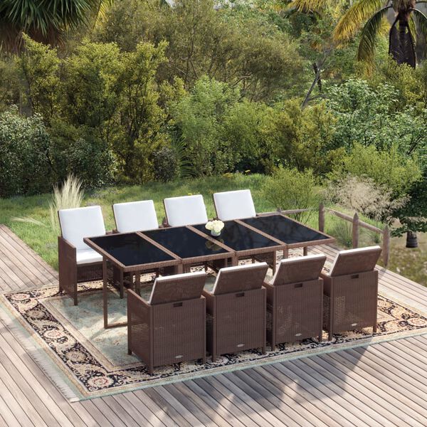 vidaXL 9-tlg. Garten-Essgruppe mit Kissen Poly Rattan Braun
