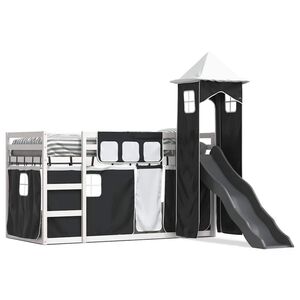 vidaXL Etagenbett mit Rutsche und Gardinen Wei&szlig; und Schwarz 90x200 cm
