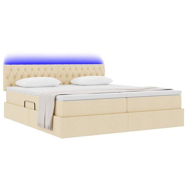 vidaXL Bett mit LED-Lichtleisten mit Kopfteil Creme 180 x 200 cm Stoff