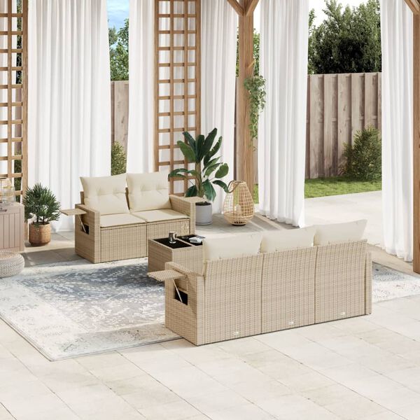 vidaXL 6-tlg. Garten-Sofagarnitur mit Kissen Beige Poly Rattan