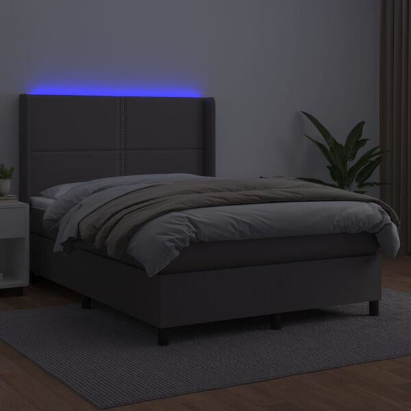vidaXL Boxspringbett mit Matratze & LED Grau 140x190 cm Kunstleder