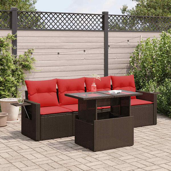 vidaXL 5-tlg. Garten-Sofagarnitur mit Kissen Braun Poly Rattan Akazie