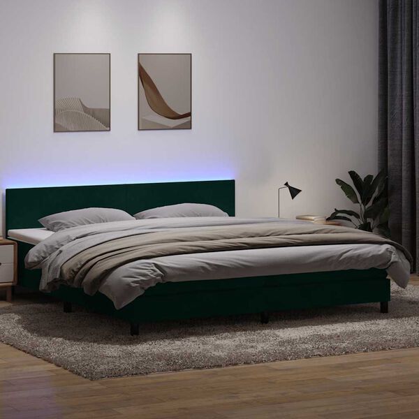 vidaXL Boxspringbett mit Matratze & LED Dunkelgr&uuml;n 200x210 cm Samt