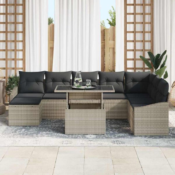 vidaXL Sofa Set mit Kissen mit Speicher 9 pcs Hellgrau Poly-Rattan