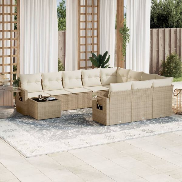 vidaXL 11-tlg. Garten-Sofagarnitur mit Kissen Beige Poly Rattan