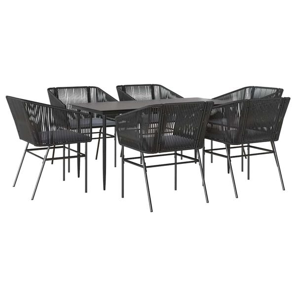 vidaXL 7-tlg. Garten-Essgruppe mit Kissen Schwarz Poly Rattan Glas