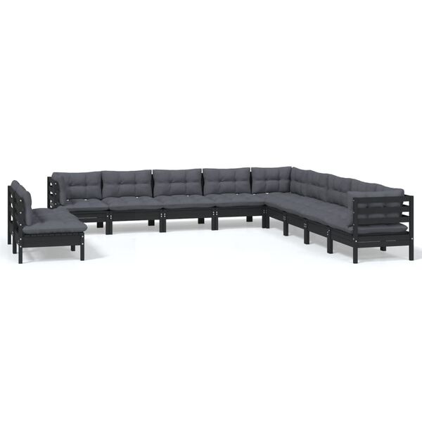 vidaXL 11-tlg. Garten-Lounge-Set mit Kissen Schwarz Massivholz Kiefer