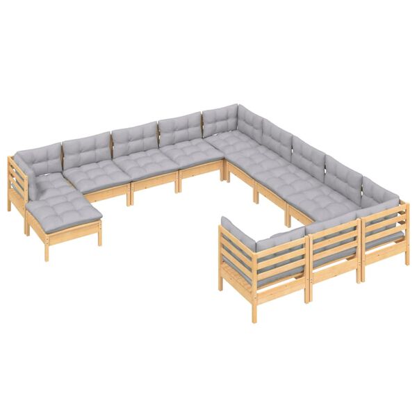 vidaXL 12-tlg. Garten-Lounge-Set mit Grauen Kissen Kiefernholz
