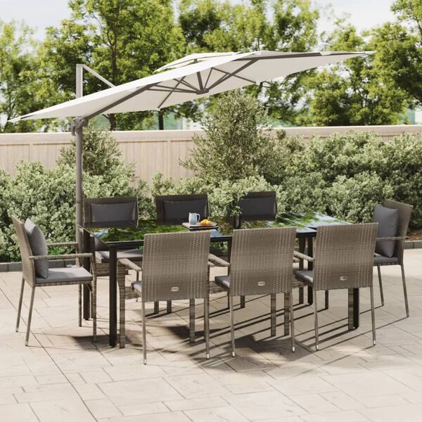 vidaXL 9-tlg. Garten-Essgruppe mit Kissen Schwarz und Grau Poly Rattan