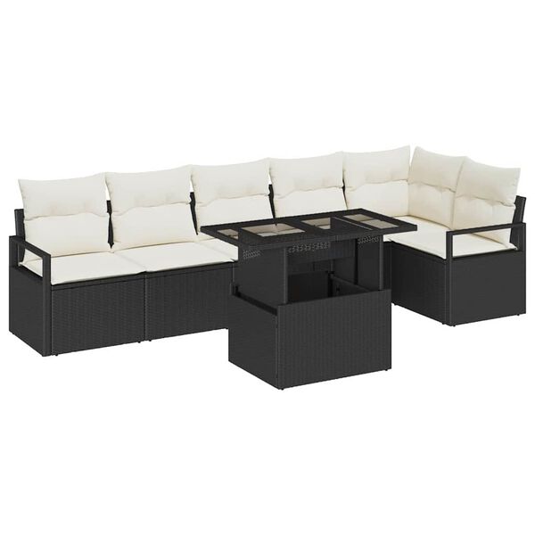 vidaXL Garten-Sofa-Set mit Kissen 7 pcs Schwarz Poly Rattan