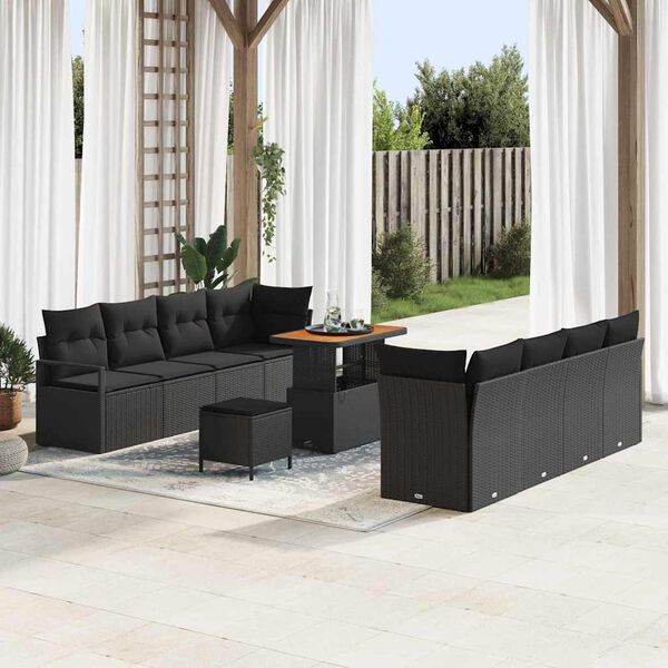vidaXL Garten-Sofa-Set mit Kissen 11 pcs Schwarz Poly Rattan