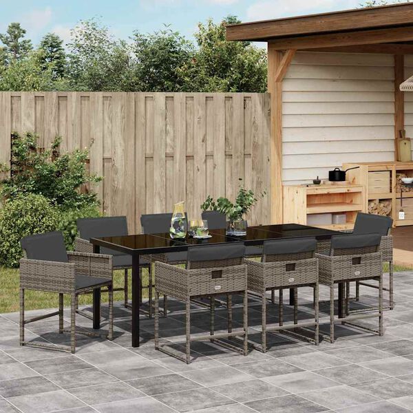 vidaXL Garten Essgruppe mit Kissen 9 pcs Grau Poly-Rattan