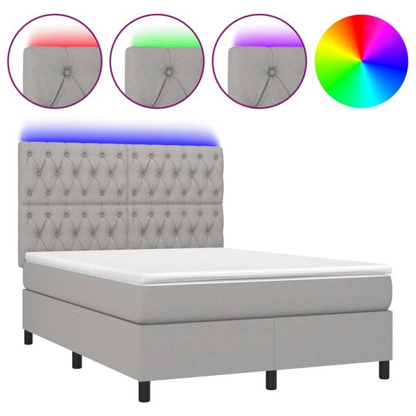 vidaXL Boxspringbett mit Matratze & LED Hellgrau 140x190 cm Stoff