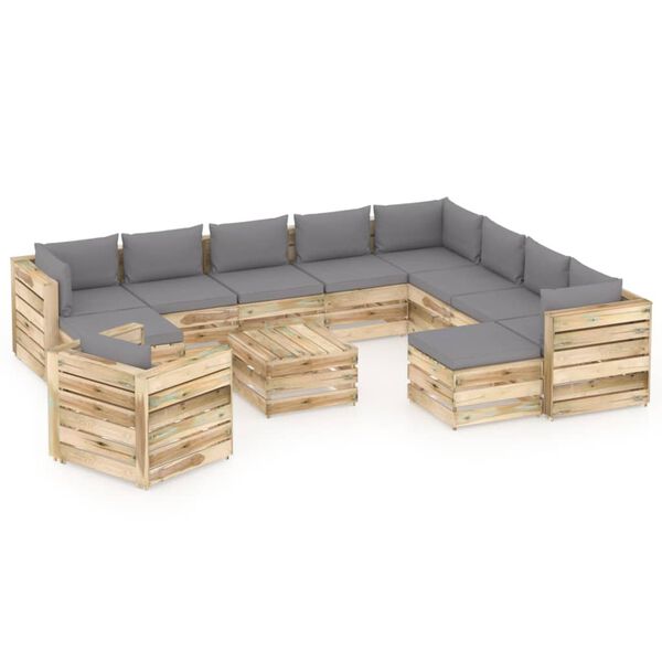 vidaXL 12-tlg. Garten-Lounge-Set mit Kissen Gr&uuml;n Impr&auml;gniertes Holz