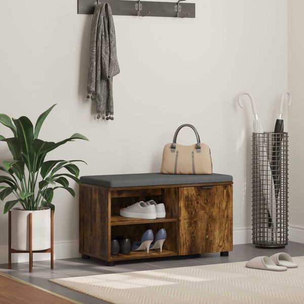 vidaXL Flurbank mit Kissen mit Regal Ger&auml;ucherte Eiche 80 x 38 x 46 cm