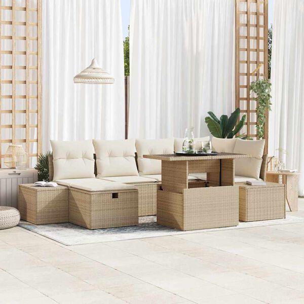 vidaXL Garten-Sofa-Set mit Kissen mit Speicher 7 pcs Beige Poly Rattan