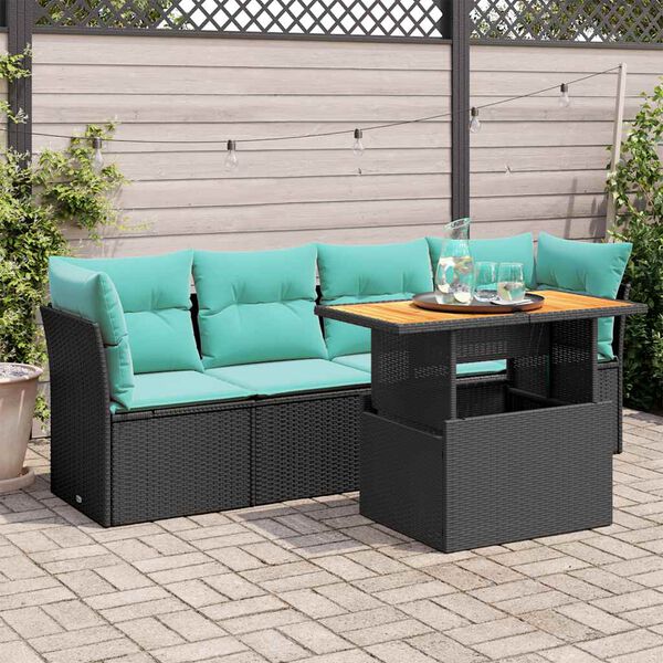 vidaXL 5-tlg. Garten-Sofagarnitur mit Kissen Schwarz Poly Rattan