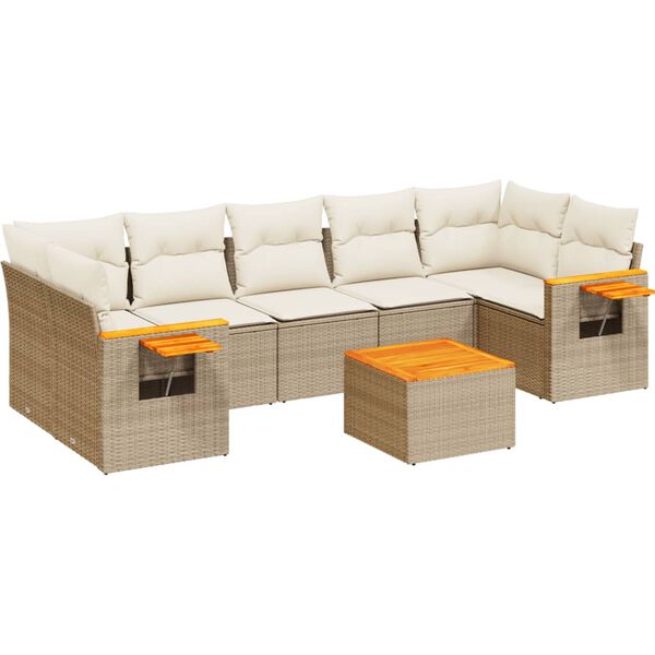 vidaXL 8-tlg. Garten-Sofagarnitur mit Kissen Beige Poly Rattan