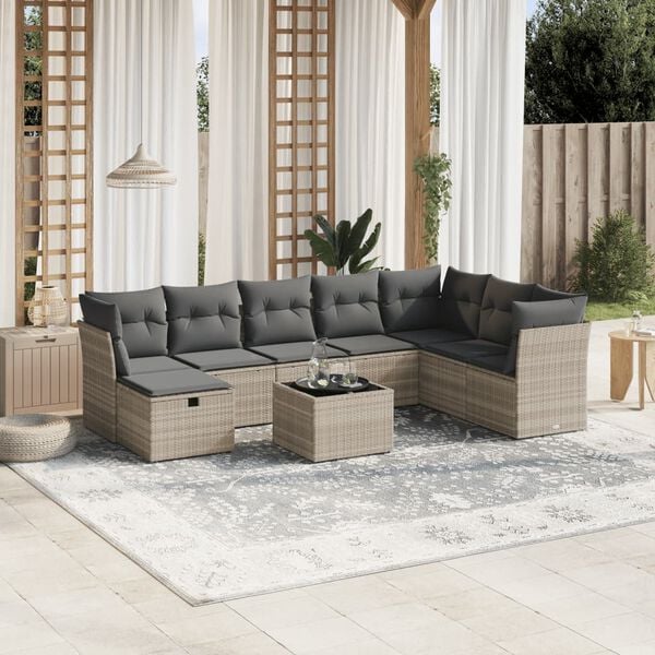 vidaXL 9-tlg. Garten-Sofagarnitur mit Kissen Hellgrau Poly Rattan