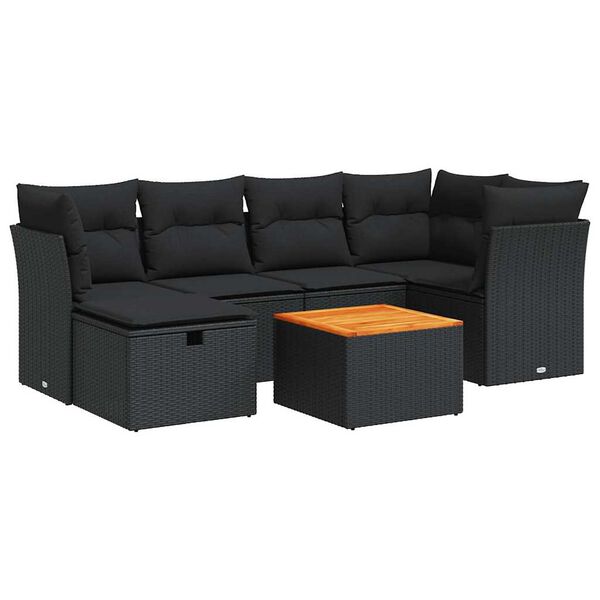 vidaXL 7-tlg. Garten-Sofagarnitur mit Kissen Schwarz Poly Rattan