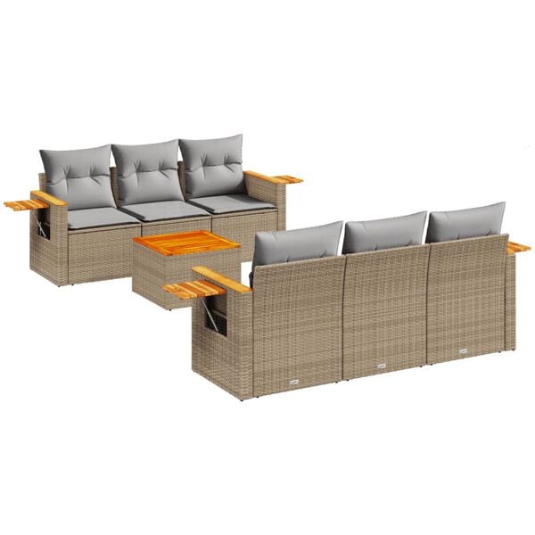 vidaXL 7-tlg. Garten-Sofagarnitur mit Kissen Beige Poly Rattan