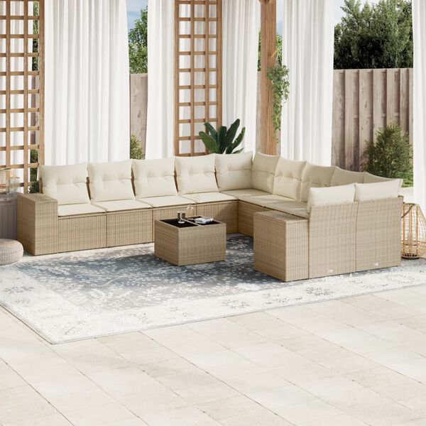vidaXL 11-tlg. Garten-Sofagarnitur mit Kissen Beige Poly Rattan