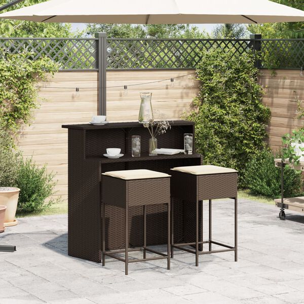 vidaXL 3-tlg. Gartenbar-Set mit Kissen Braun Poly Rattan