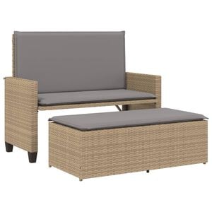 vidaXL Gartenbank mit Kissen und Hocker Beige Poly Rattan
