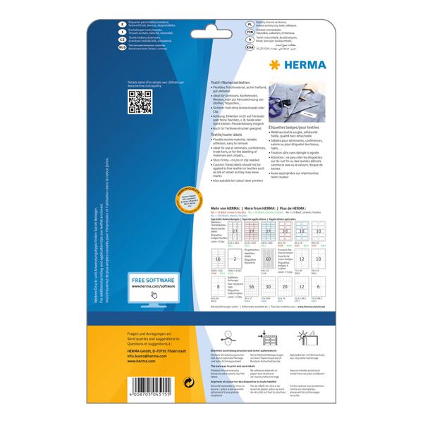HERMA Namensetiketten f&uuml;r Textilien Abl&ouml;sbar A4 88,9x33,8mm 20 Bl&auml;tter