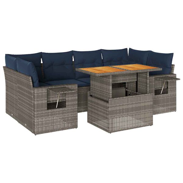 vidaXL 7-tlg. Garten-Sofagarnitur mit Kissen Grau Poly Rattan