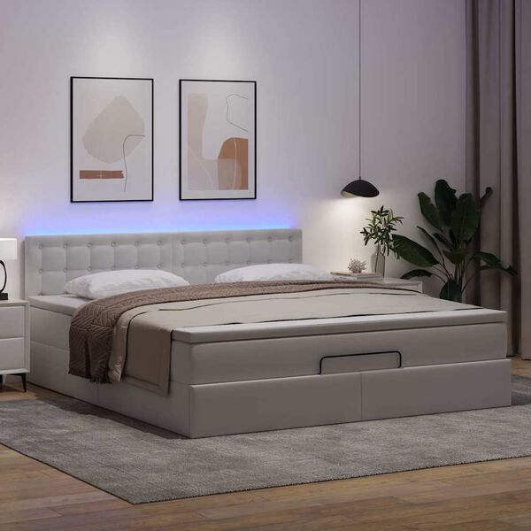 vidaXL Ottoman-Bett mit Matratzen & LEDs Reinwei&szlig; 160x200cm Kunstleder