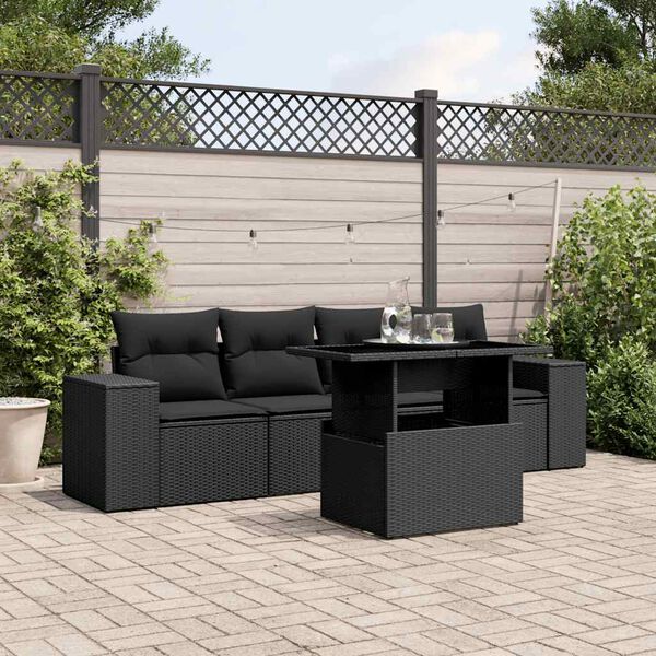 vidaXL 5-tlg. Garten-Sofagarnitur mit Kissen Schwarz Poly Rattan