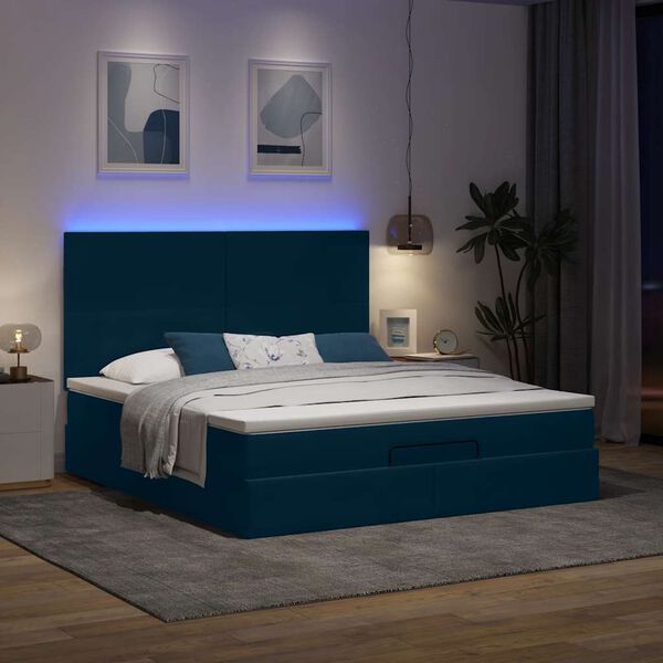 vidaXL Ottoman-Bett mit Matratzen & LEDs Dunkelblau 160x200 cm Samt