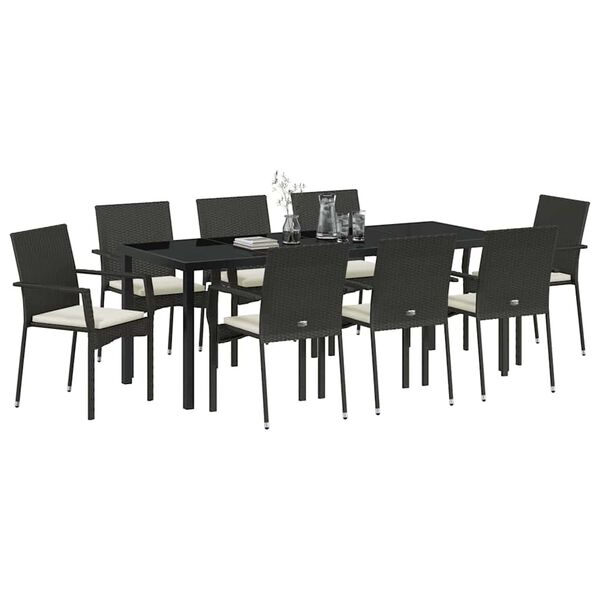 vidaXL Garten Essgruppe mit Kissen 9 pcs Schwarz Poly-Rattan