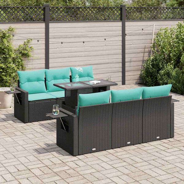 vidaXL 7-tlg. Garten-Sofagarnitur mit Kissen Schwarz Poly Rattan Akazie