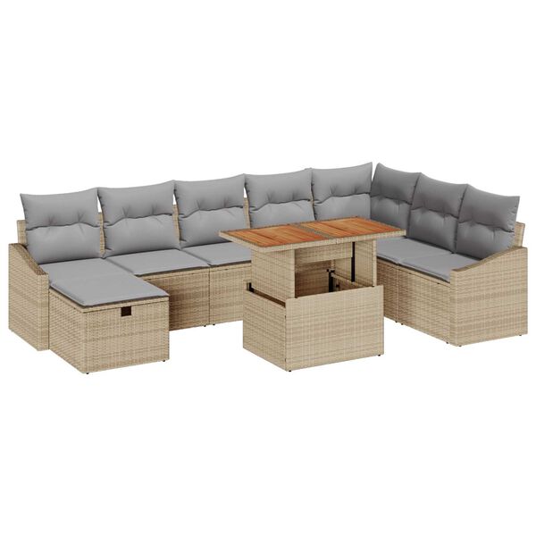 vidaXL Garten-Sofa-Set mit Kissen mit Speicher 9 pcs Beige Poly Rattan
