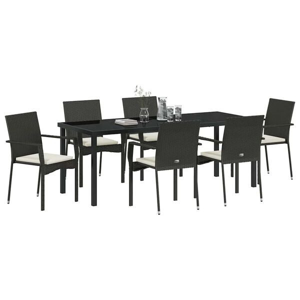 vidaXL Garten Essgruppe mit Kissen 7 pcs Schwarz Poly-Rattan
