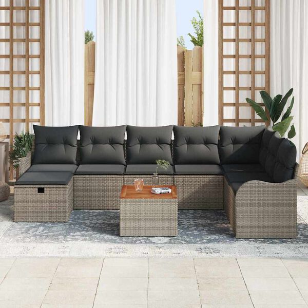 vidaXL Garten-Sofa-Set mit Kissen mit Speicher 9 pcs Grau Poly Rattan