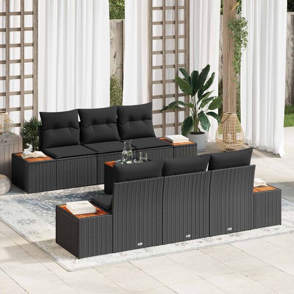 vidaXL Garten-Sofa-Set mit Kissen 7 pcs Schwarz Poly Rattan